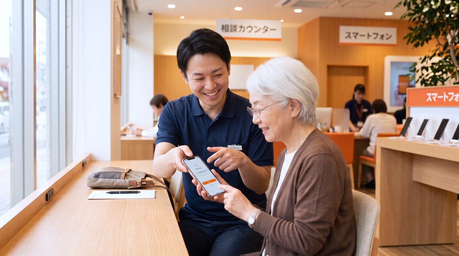 店頭でスタッフがお客様のスマホ操作を案内している様子