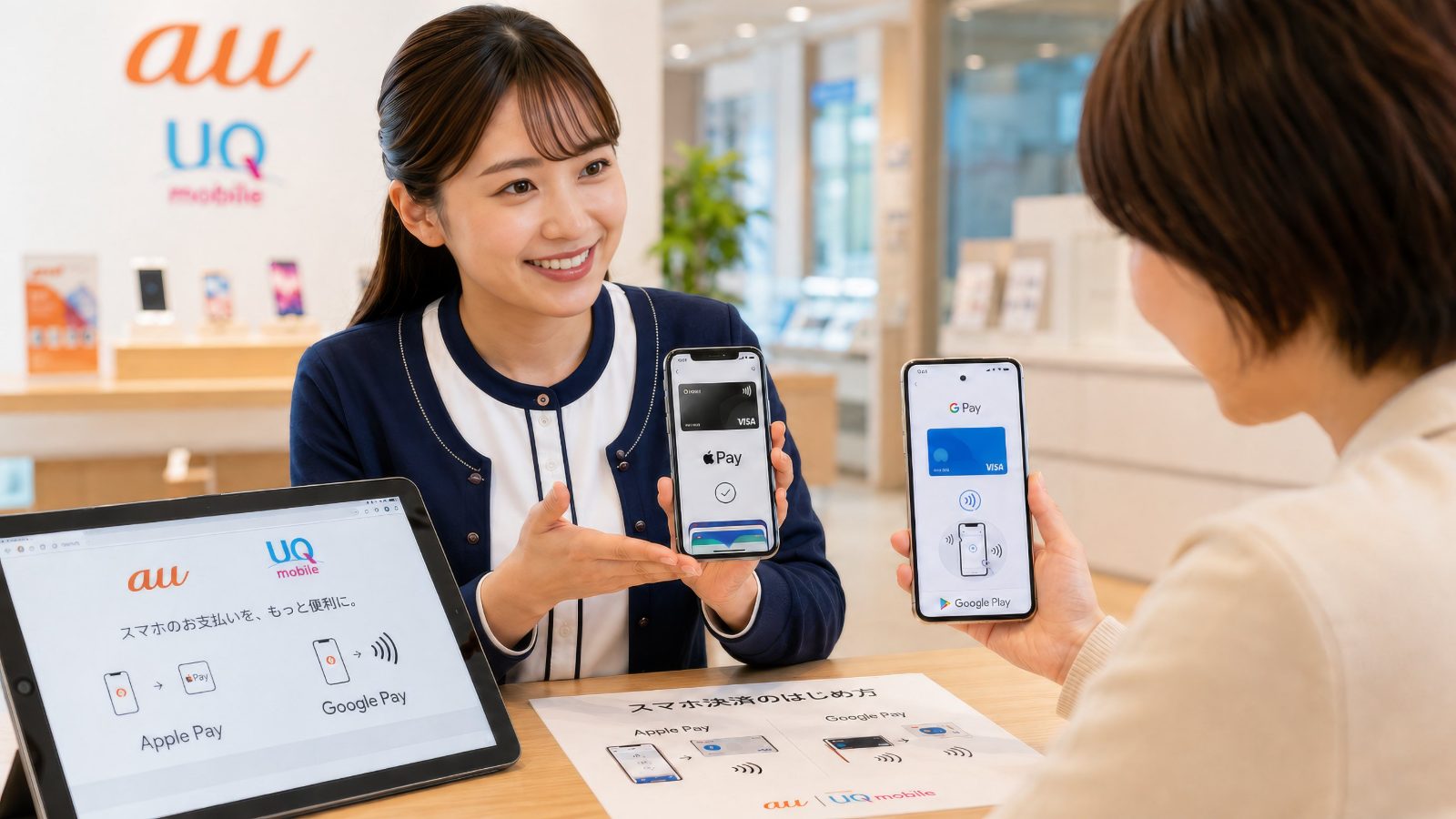 店頭でスタッフがタッチ決済の設定を案内している様子