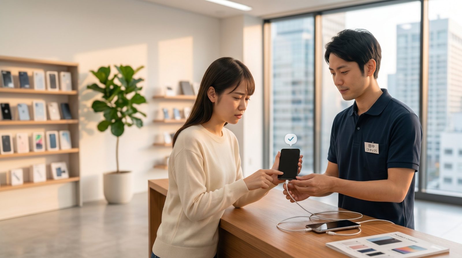 電源が入らないスマホを充電ケーブルで確認するお客様とスタッフ