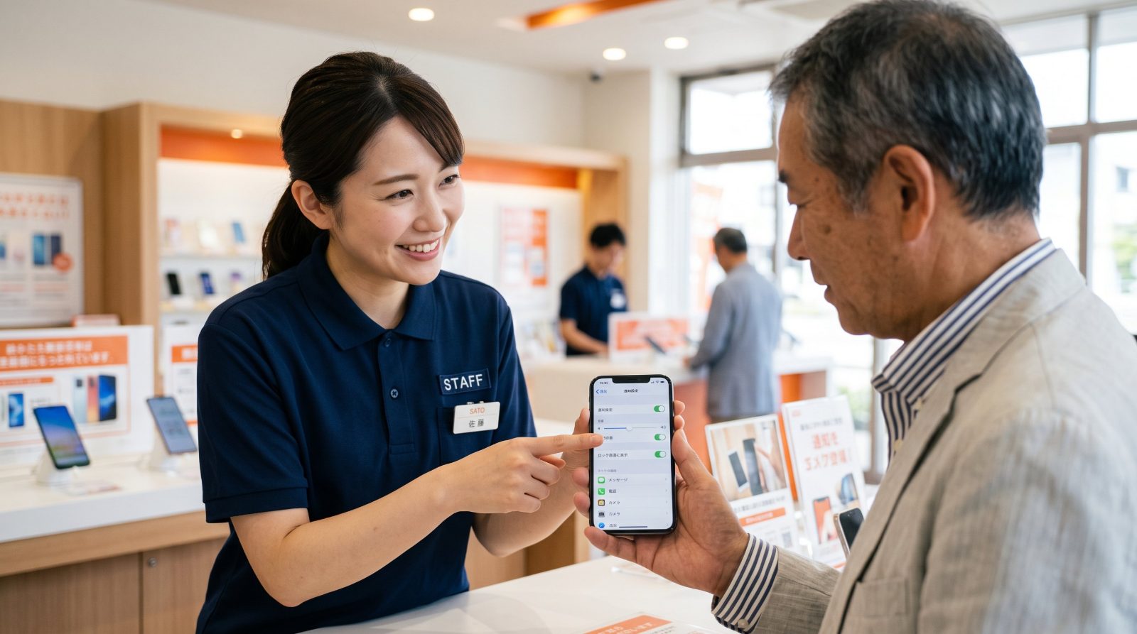店頭でスタッフがお客様のスマホの通知設定を案内している様子