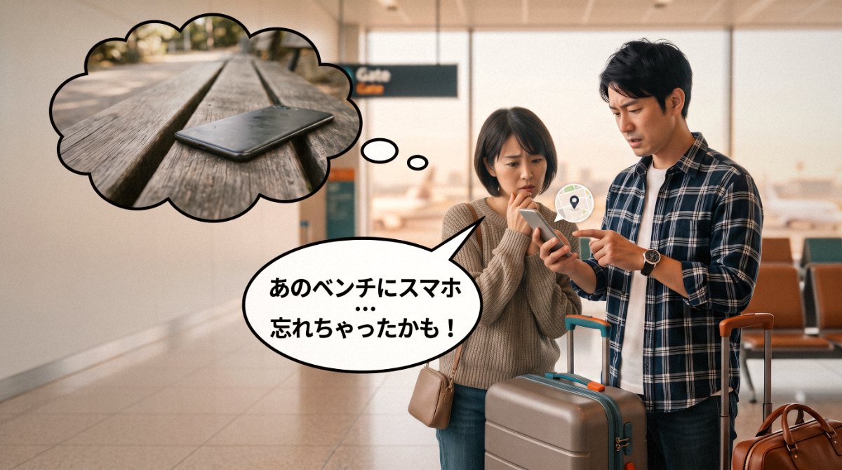 空港で置き忘れたスマホを探す旅行中の夫婦
