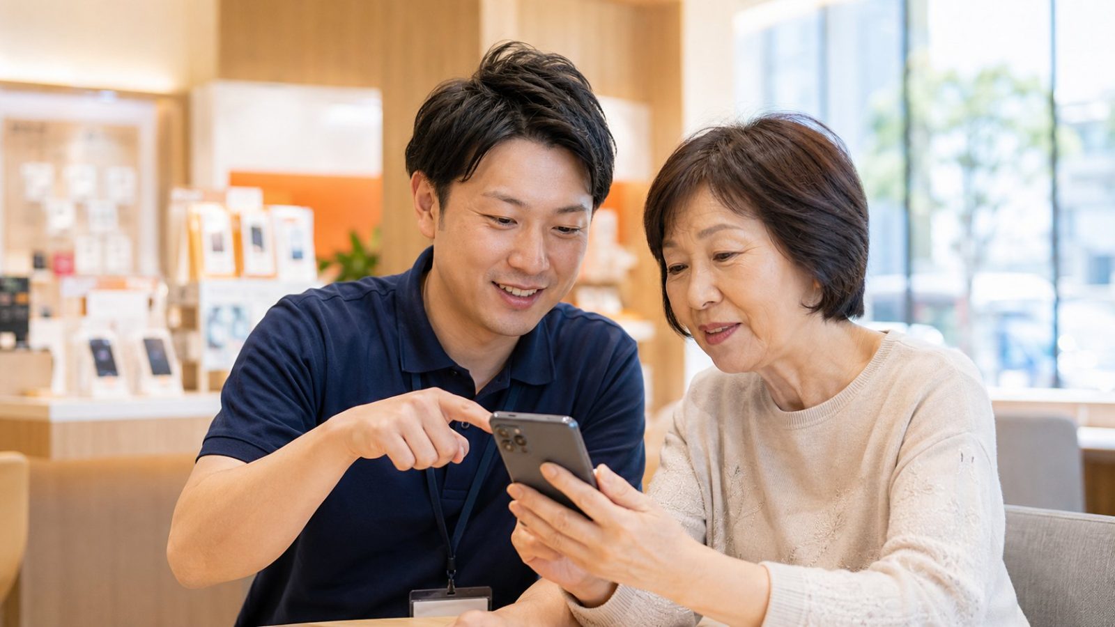 店頭でスタッフがお客様のスマホ画面を案内している様子