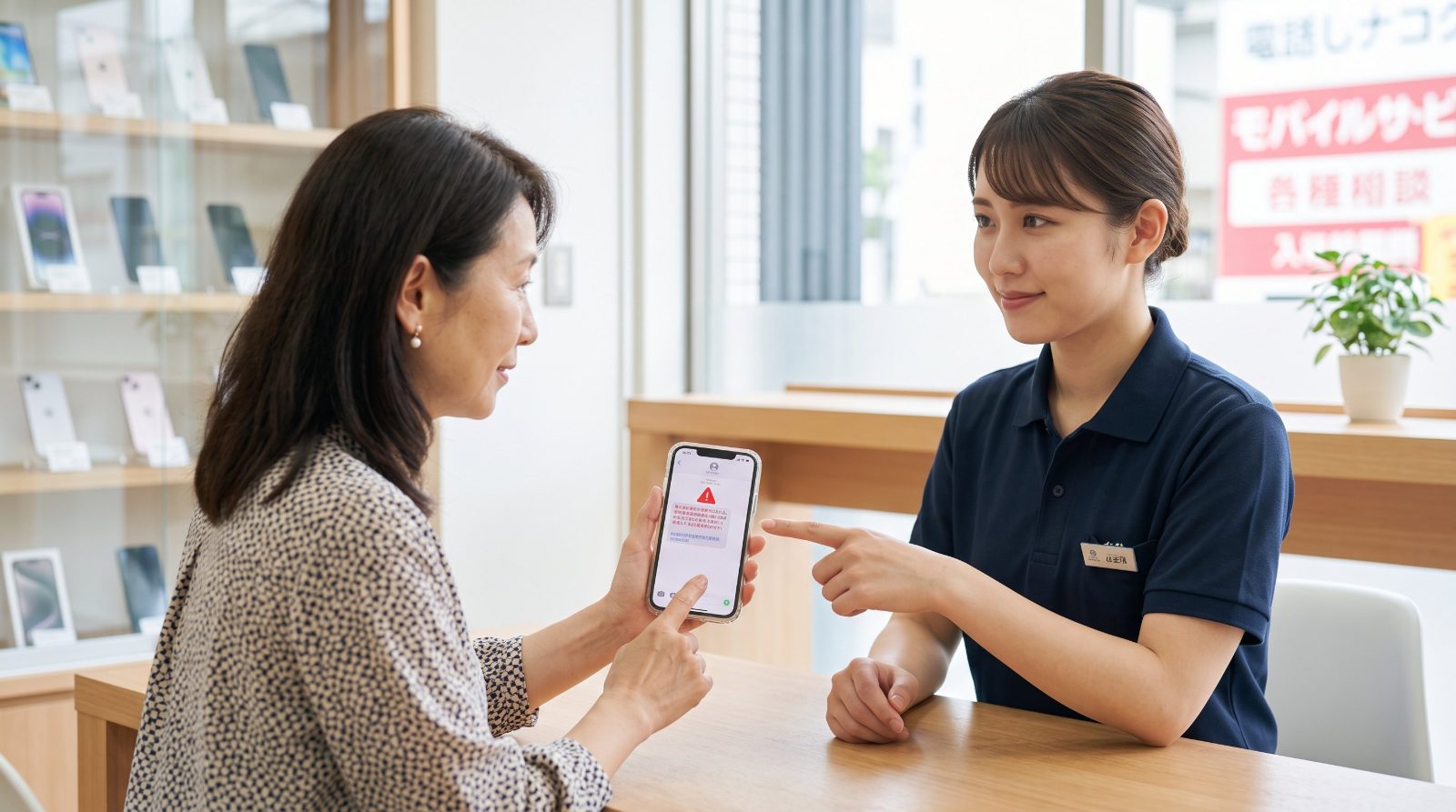 不審なSMSの画面を見せて店頭で相談するお客様とスタッフ
