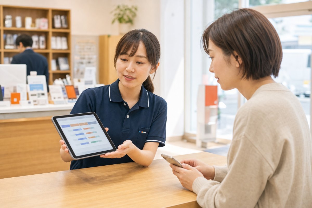 店頭でプラン比較を見ながら乗り換えを相談するお客様とスタッフ