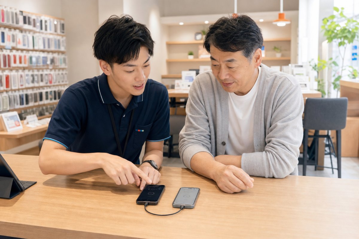 店頭でスマホ2台を並べてデータ移行を確認するお客様とスタッフ