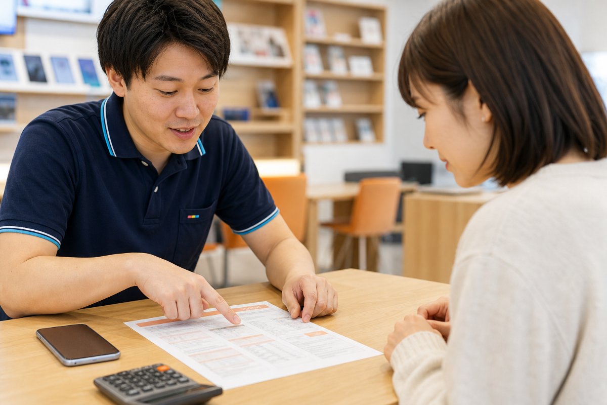 店頭で支払い内訳を確認するスタッフとお客様