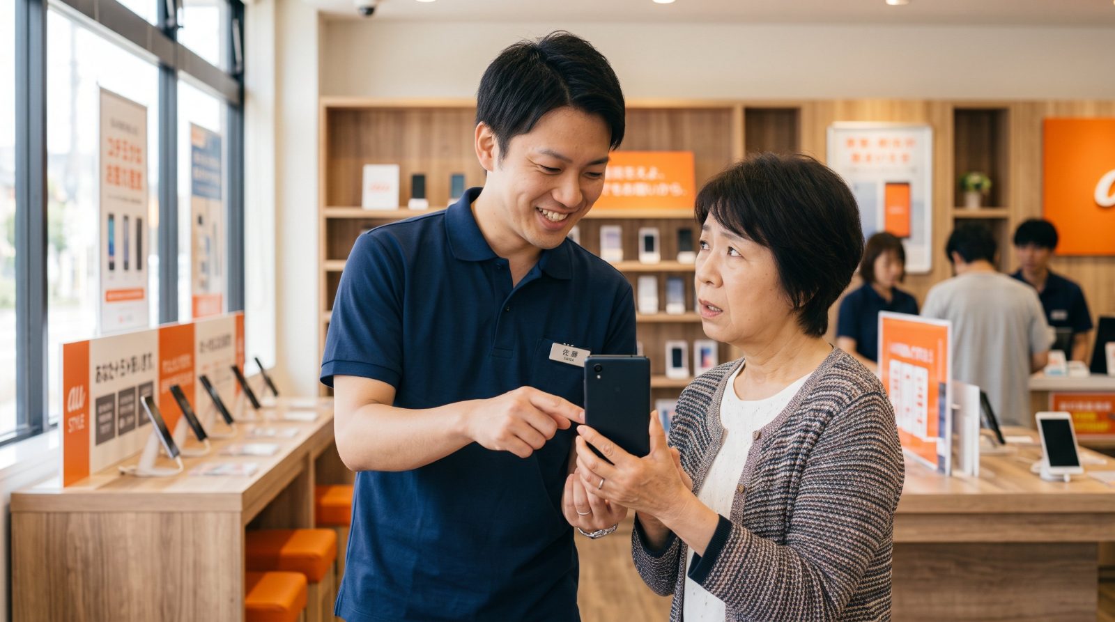 店頭でスタッフがお客様のスマホ操作を案内している様子