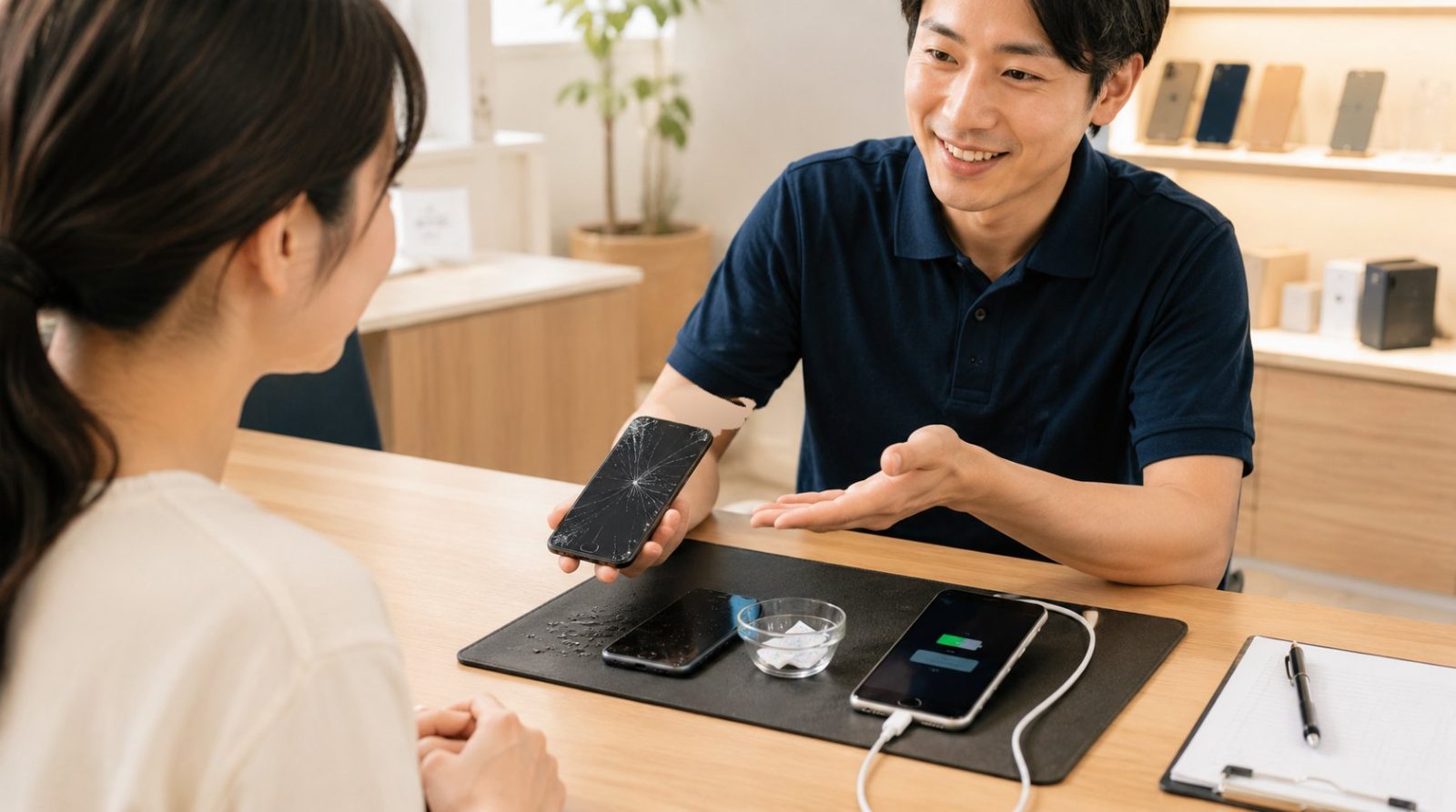 スマホ修理について店頭で相談するお客様とスタッフ