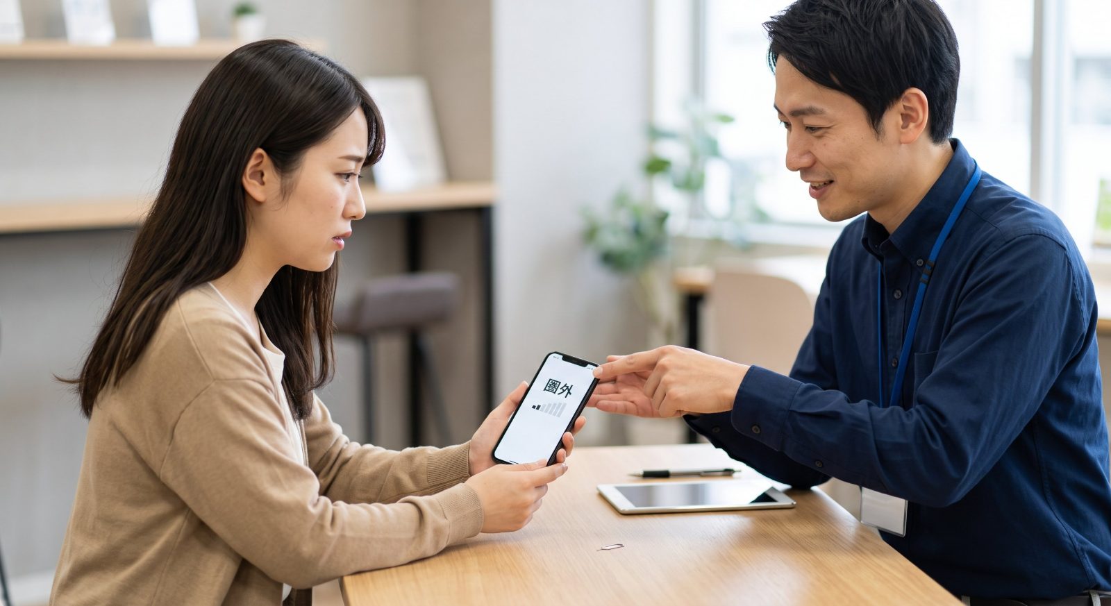 圏外表示のスマホを見せて店頭で相談するお客様とスタッフ