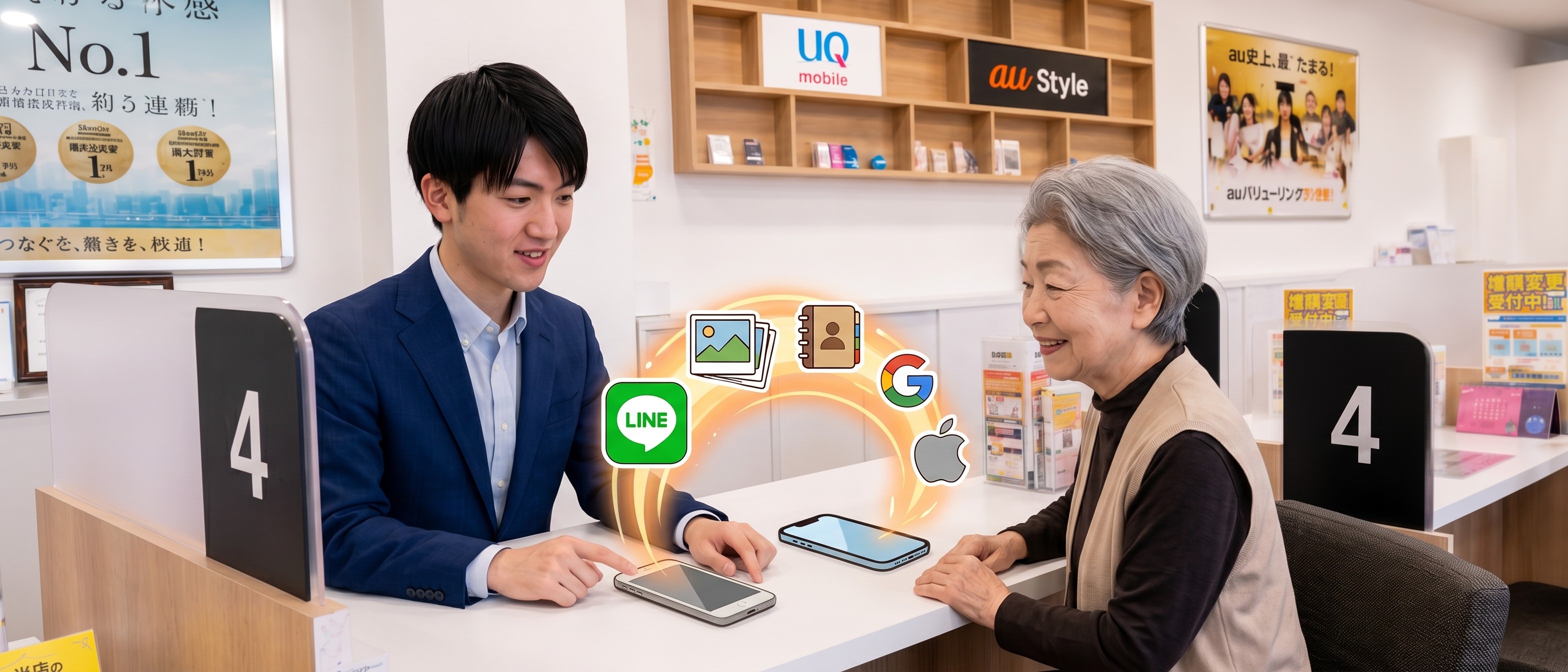 店頭でデータ移行をサポートするスタッフとお客様
