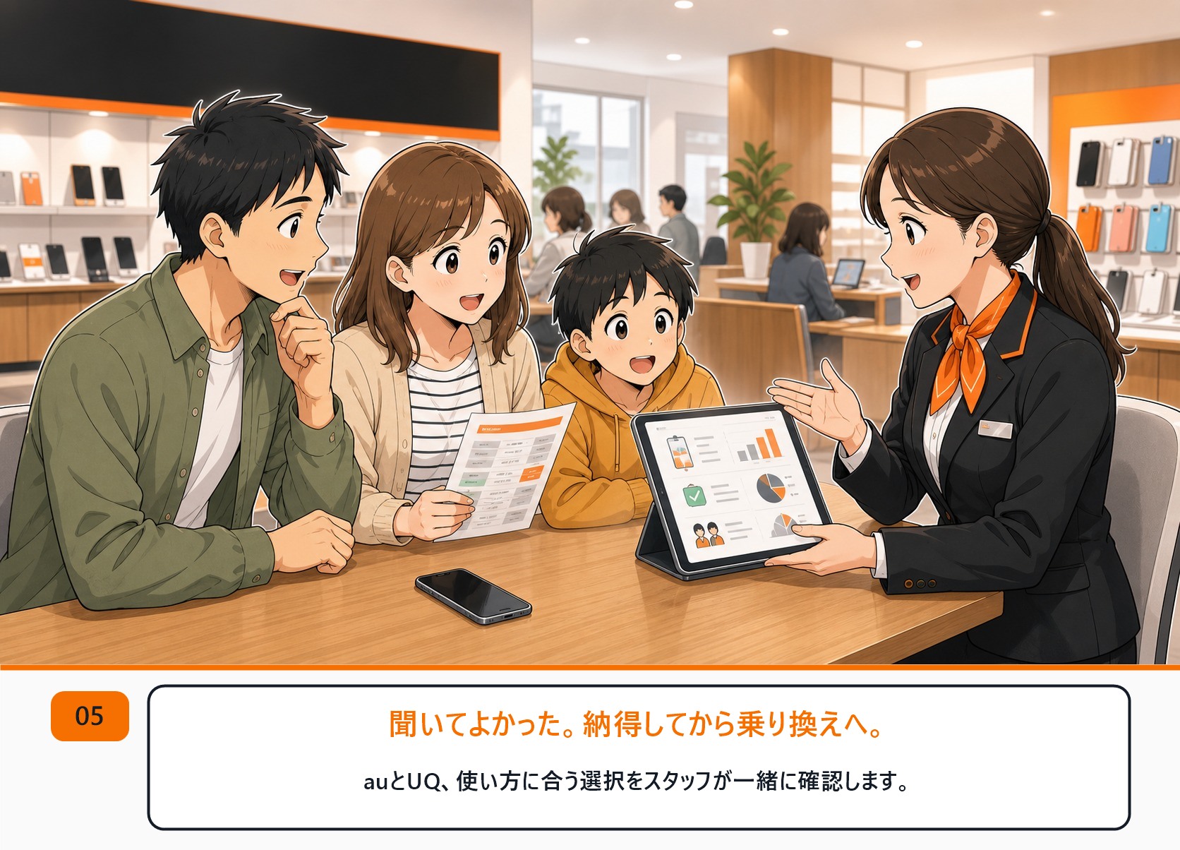 店舗で相談して納得して乗り換えを検討する漫画