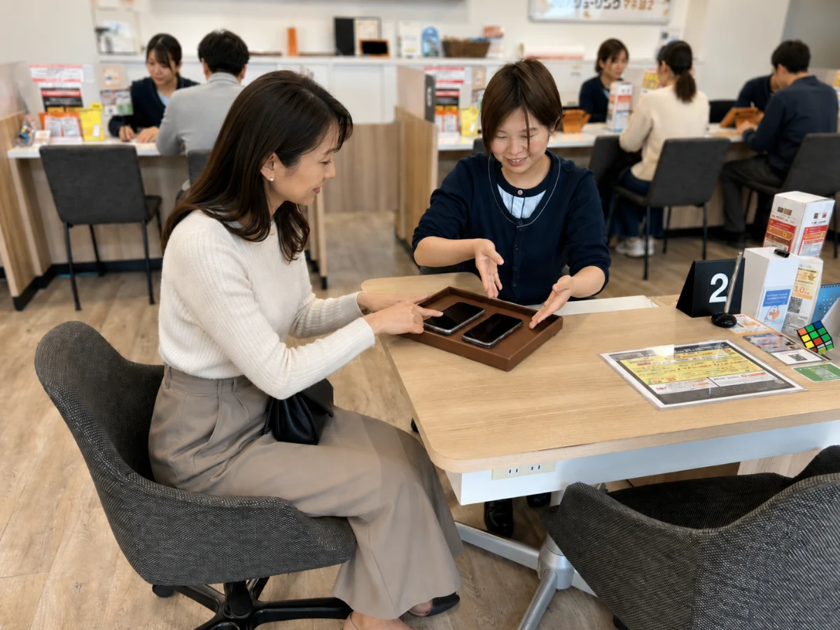 カウンターでお客様に笑顔で対応する様子