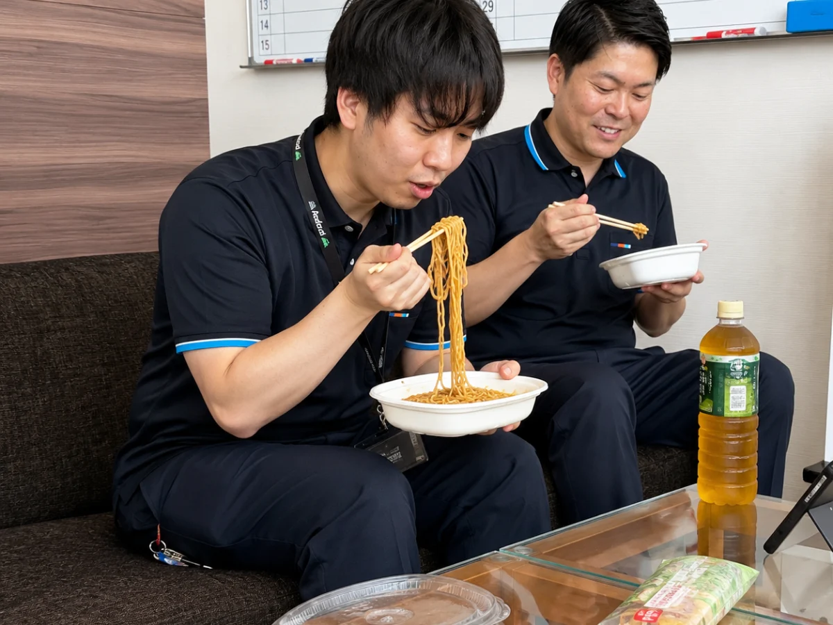 バックヤードで昼食をとって休憩するスタッフ
