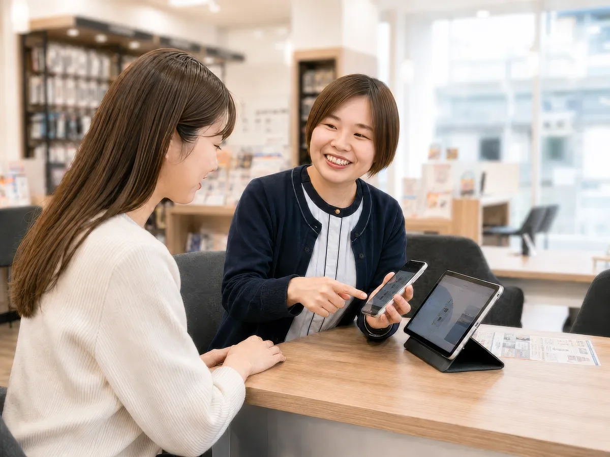 タブレットを見ながら笑顔で相談に応じる店舗スタッフ