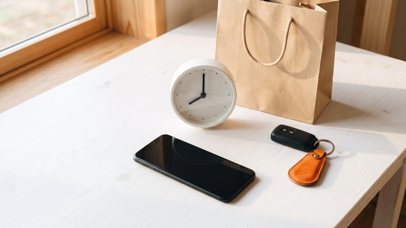 手帳とスマートフォン、置き時計、オレンジの付箋